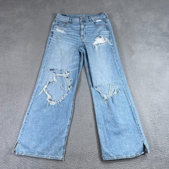 American Eagle Outfitters Denim - American Eagle Super High Rise Baggy Wide Leg Jeans Womens 8 Blue Distressed